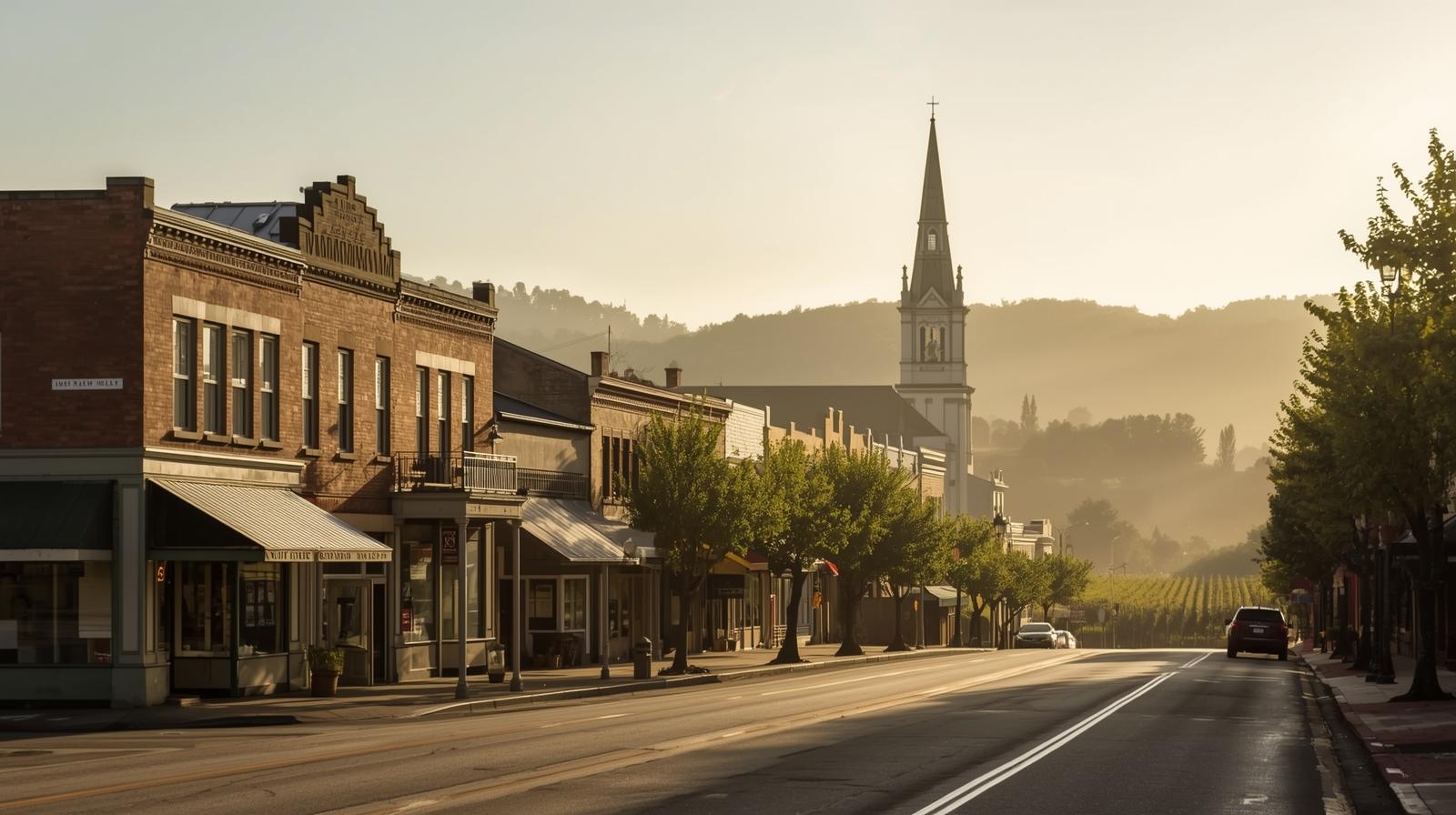 Historic Main Street in St. Helena Napa Valley with preserved brick storefronts and vineyard land nearby, illustrating Napa Valley cultural heritage.
