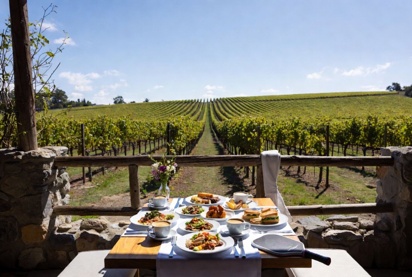 Farm to table brunch on a vineyard patio in St. Helena Napa Valley after pickleball with paddles and coffee on the table.