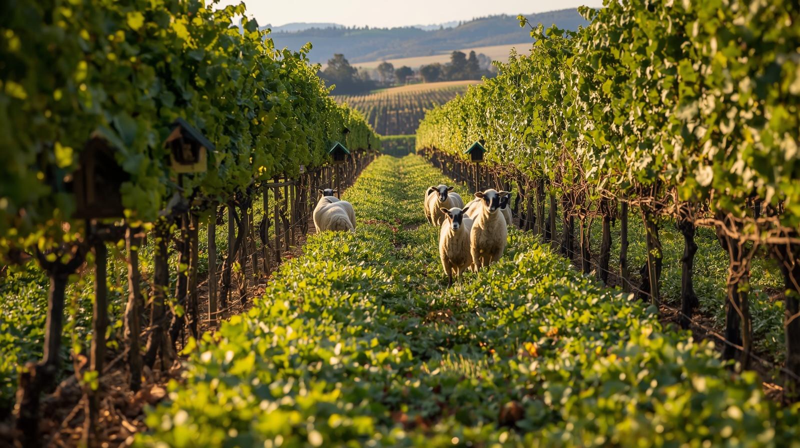 Sheep grazing between vineyard rows in St. Helena Napa Valley with cover crops and owl boxes, illustrating regenerative farming and ESG winery practices.