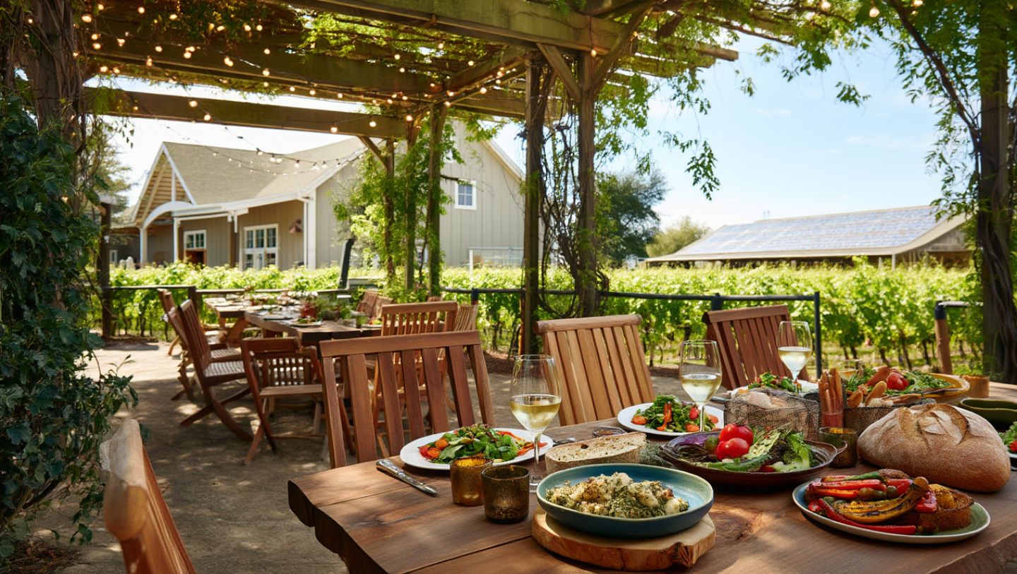 Seasonal farm to table lunch in St. Helena Napa Valley with locally sourced vegetables and vineyard views, highlighting sustainable dining practices.