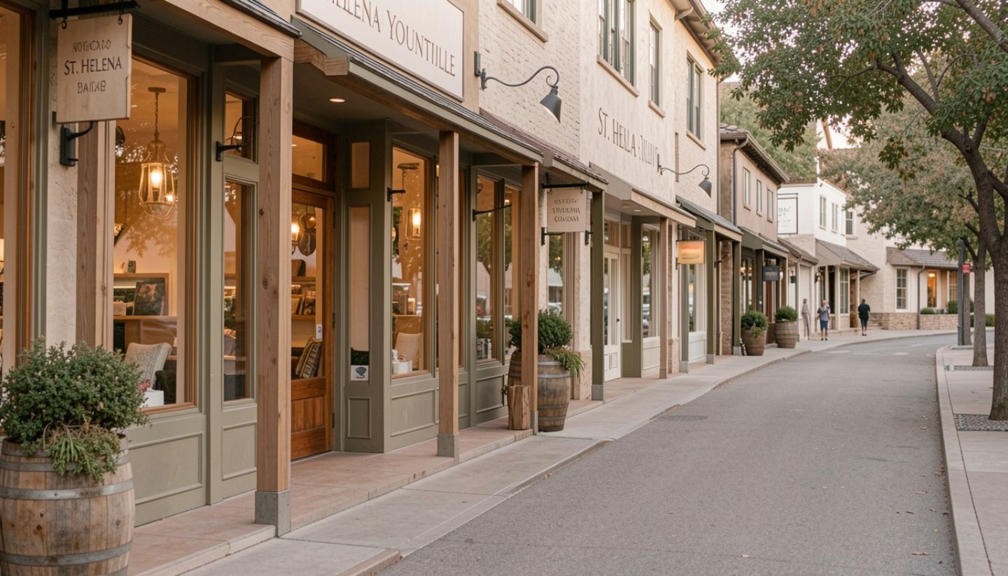 Quiet street in Napa Valley town showing restrained design, subtle signage, and thoughtful pacing that reflects refined brand taste.
