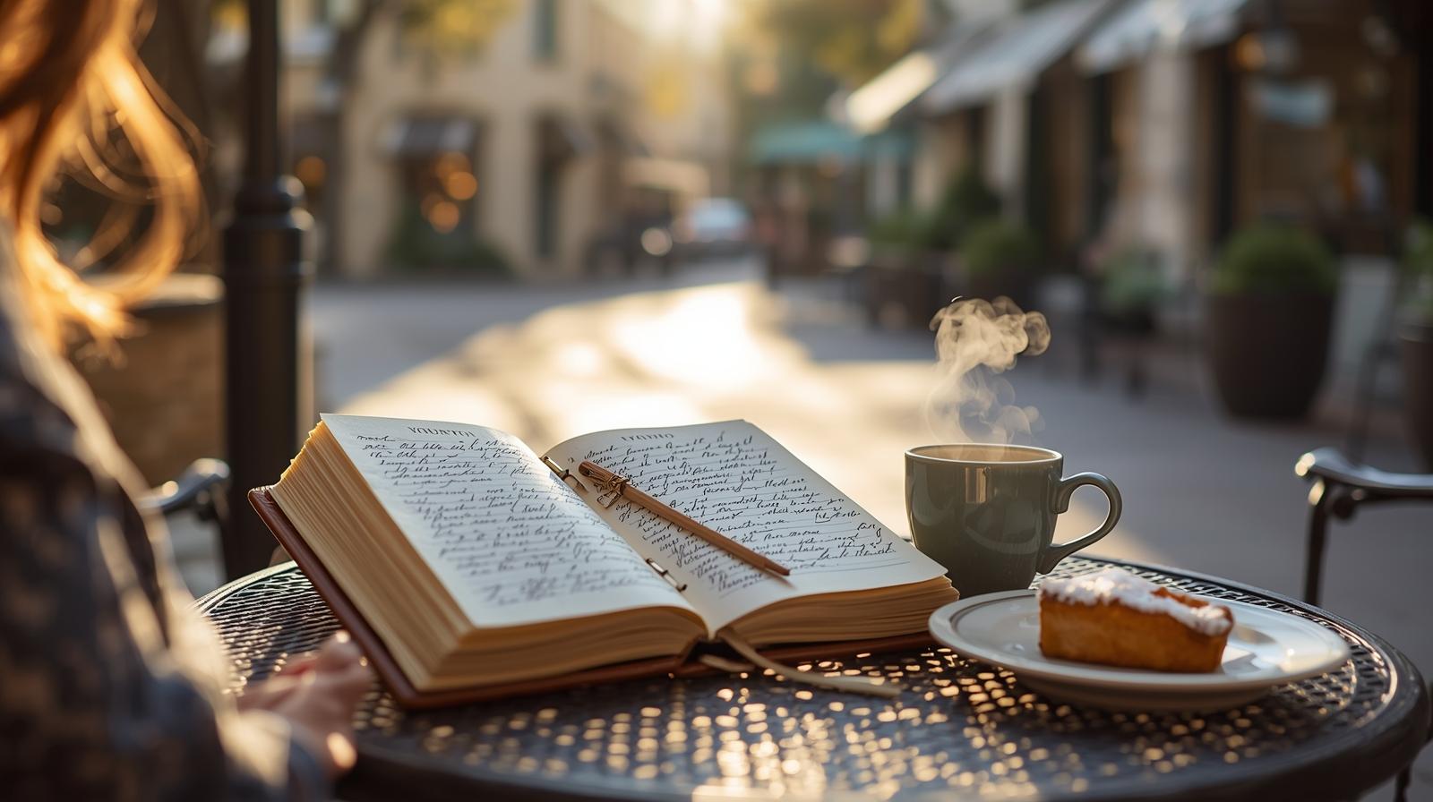 Traveler writing vineyard tasting notes in a Napa travel journal at an outdoor café in Yountville Napa Valley.
