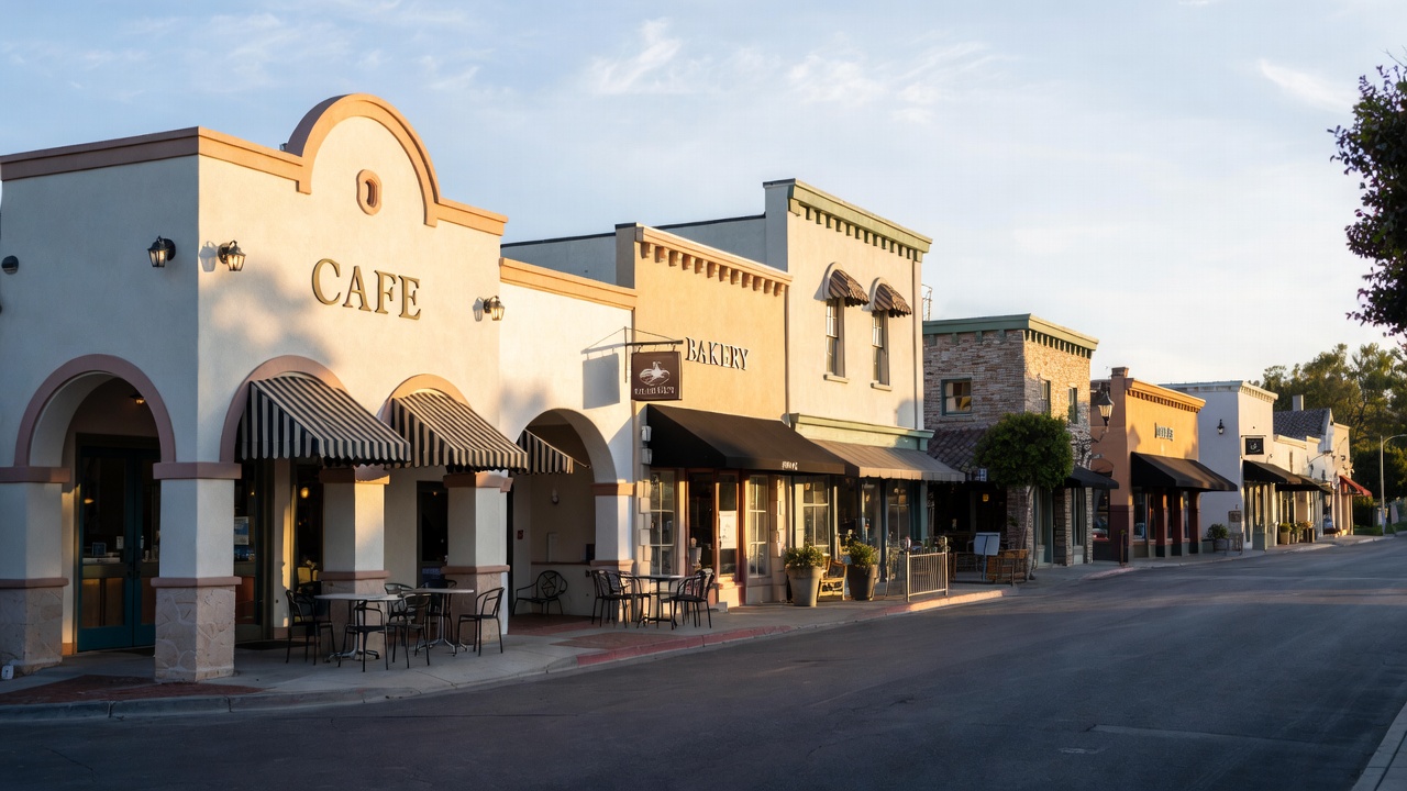 Quiet midweek morning in Yountville Napa Valley with empty sidewalks, cafes opening, and warm summer light reflecting a relaxed pace for summer travel.