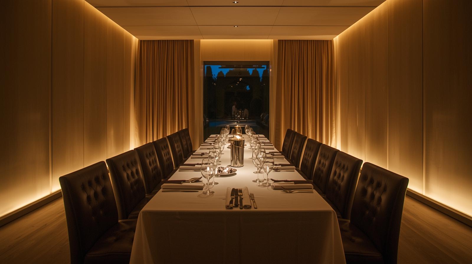 Private dining room in Yountville Napa Valley set for a small executive retreat dinner, designed for intimate conversation and strategic exchange.
