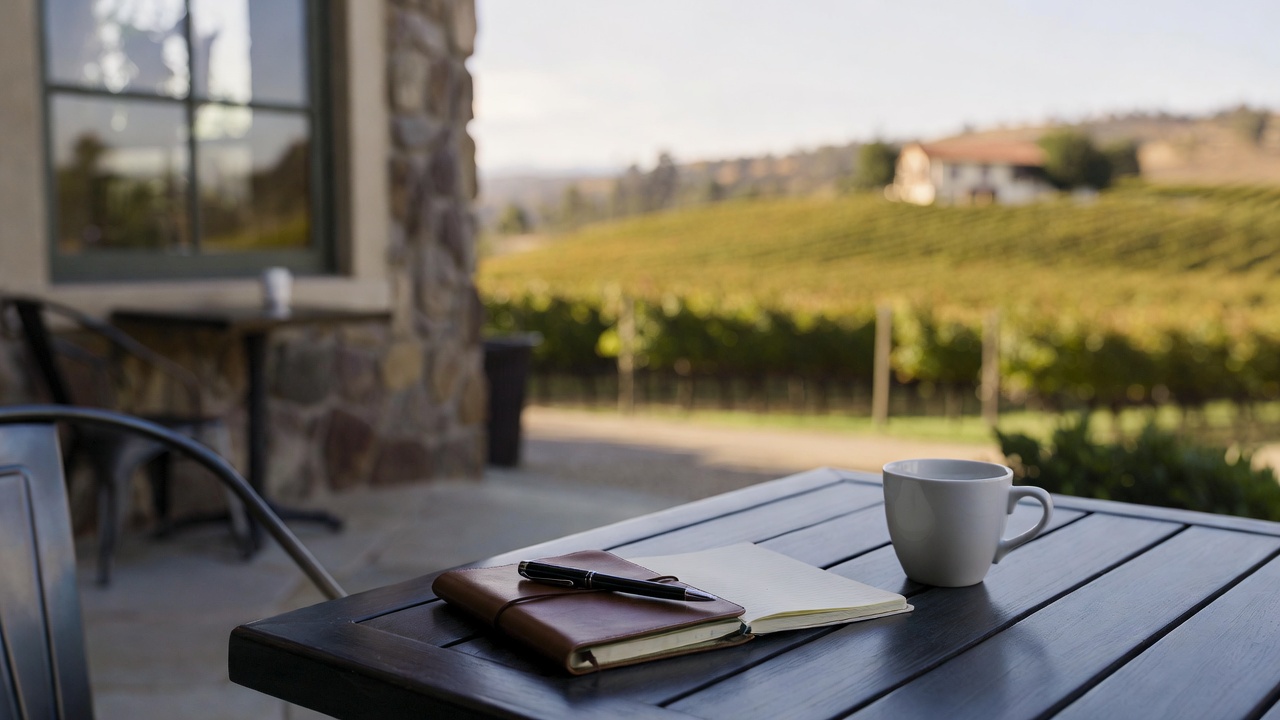 Outdoor patio table in Yountville with a journal and coffee overlooking Napa Valley vineyards, representing reflection and planning a second career after 50.