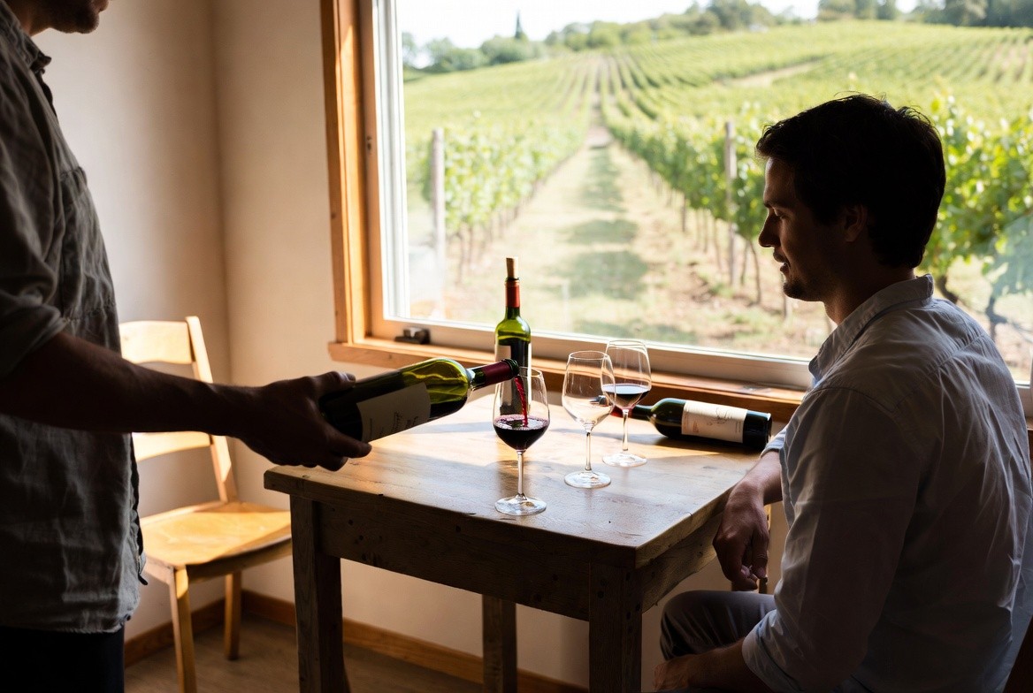 Wine educator pouring a single glass during an intimate Napa Valley wine club tasting with vineyard views outside the window.