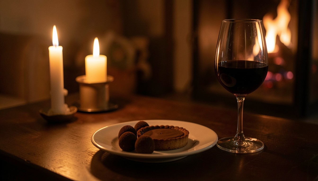 Chocolate dessert paired with dessert wine in a quiet Napa Valley setting, representing an intentional end to a wine tasting day.