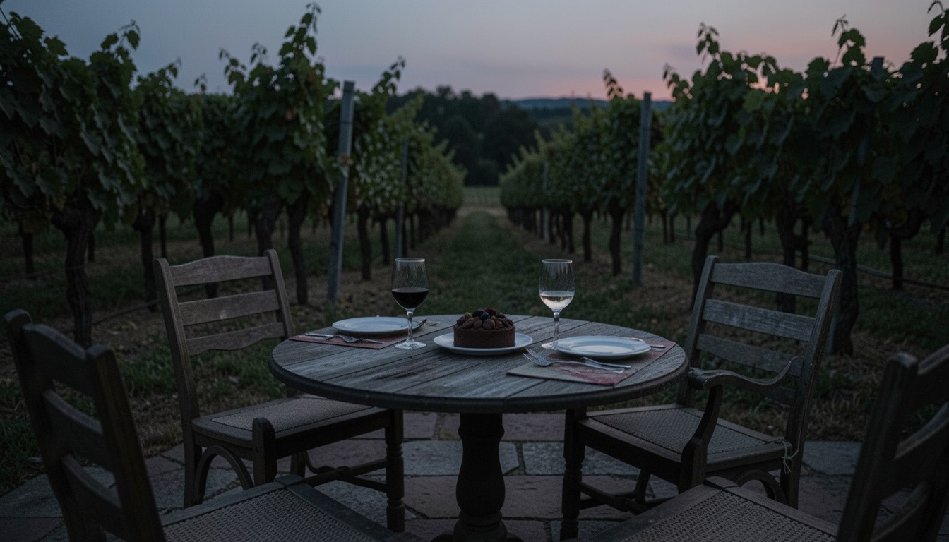 Evening dessert and wine shared on a Napa Valley patio after sunset, showing a relaxed and thoughtful chocolate pairing experience.