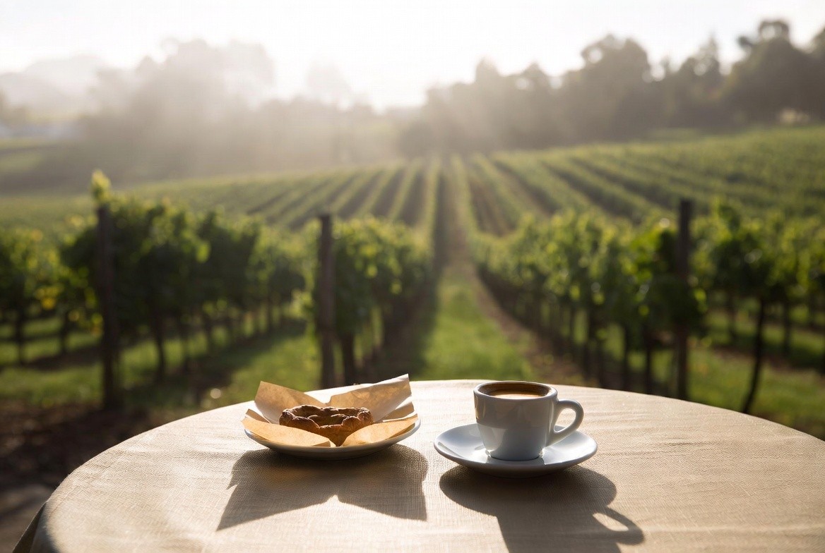 Early morning espresso and pastry on a cafe table in Napa Valley with soft light and fog, representing a calm local morning ritual before winery visits.