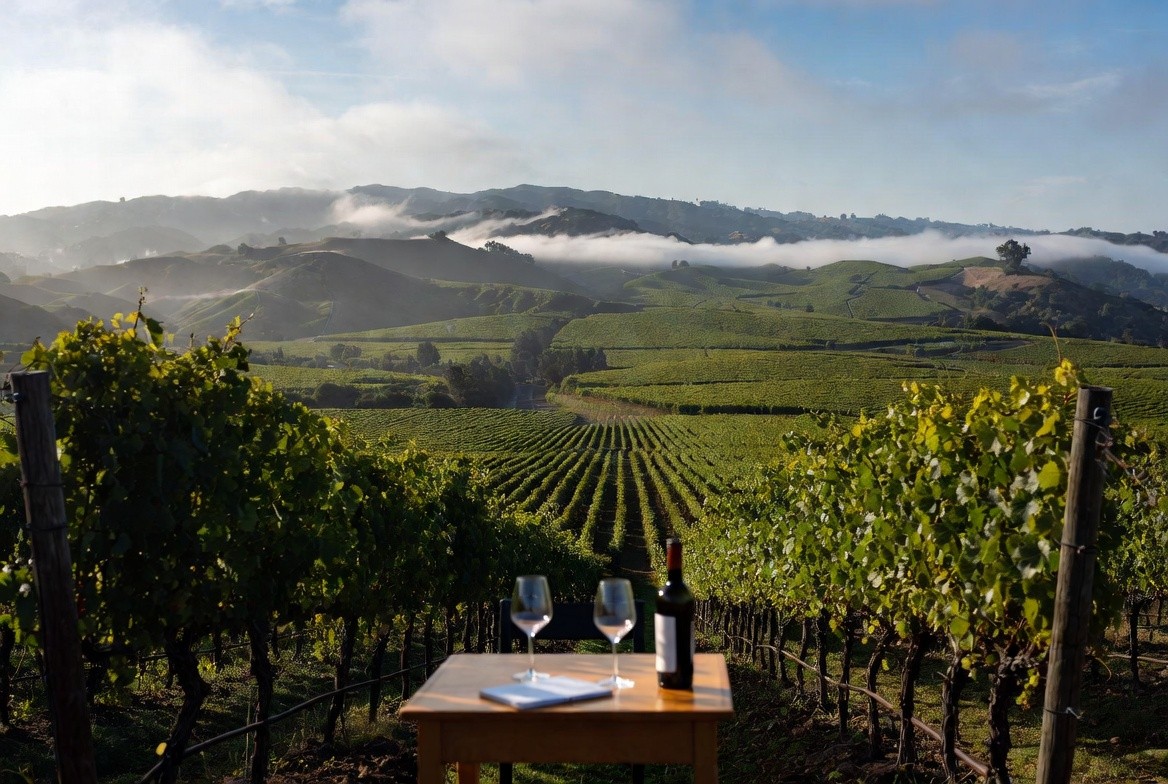 Intentional Napa Valley wine club tasting at a vineyard table with notebook and wine glasses, fog lifting over Cabernet vines in the background.